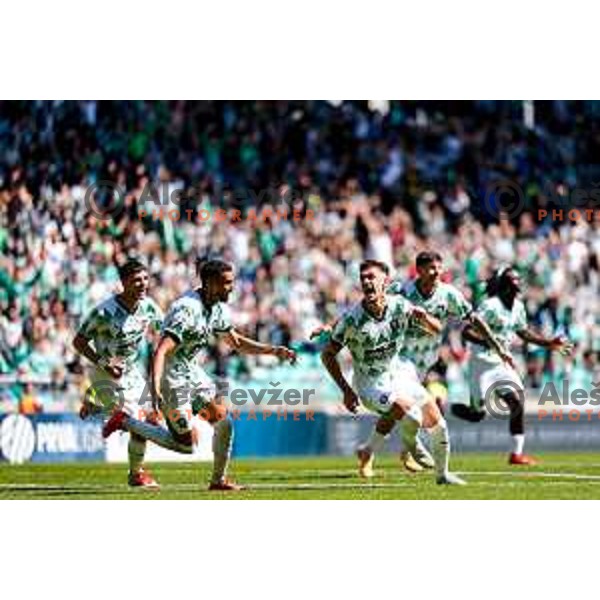 Marcel Ratnik and players of Olimpija celebrate goal during Prva liga Telemach 2024/2025 football match between Olimpija and Kalcer Radomlje in Ljubljana, Slovenia on May 17, 2025