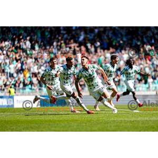 Marcel Ratnik and players of Olimpija celebrate goal during Prva liga Telemach 2024/2025 football match between Olimpija and Kalcer Radomlje in Ljubljana, Slovenia on May 17, 2025