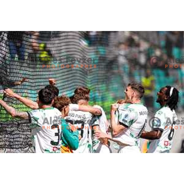 Marcel Ratnik and players of Olimpija celebrate goal during Prva liga Telemach 2024/2025 football match between Olimpija and Kalcer Radomlje in Ljubljana, Slovenia on May 17, 2025