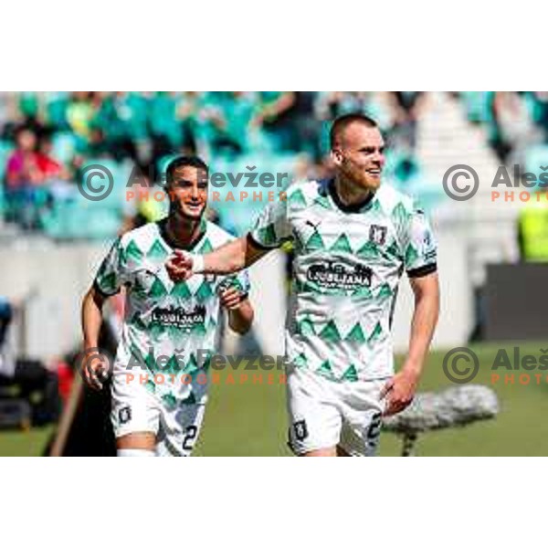 Alex Tamm and players of Olimpija celebrate a goal during Prva liga Telemach 2024/2025 football match between Olimpija and Kalcer Radomlje in Ljubljana, Slovenia on May 17, 2025