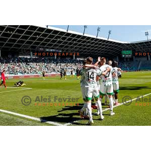 Alex Tamm and players of Olimpija celebrate a goal during Prva liga Telemach 2024/2025 football match between Olimpija and Kalcer Radomlje in Ljubljana, Slovenia on May 17, 2025