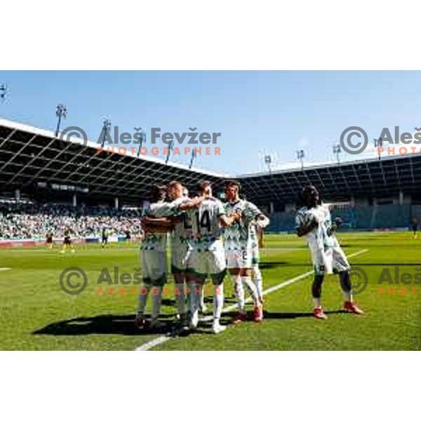 Peter Agba and players of Olimpija celebrate a goal during Prva liga Telemach 2024/2025 football match between Olimpija and Kalcer Radomlje in Ljubljana, Slovenia on May 17, 2025