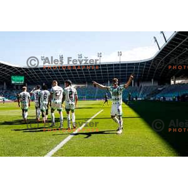 Marko Brest and players of Olimpija celebrate a goal during Prva liga Telemach 2024/2025 football match between Olimpija and Kalcer Radomlje in Ljubljana, Slovenia on May 17, 2025