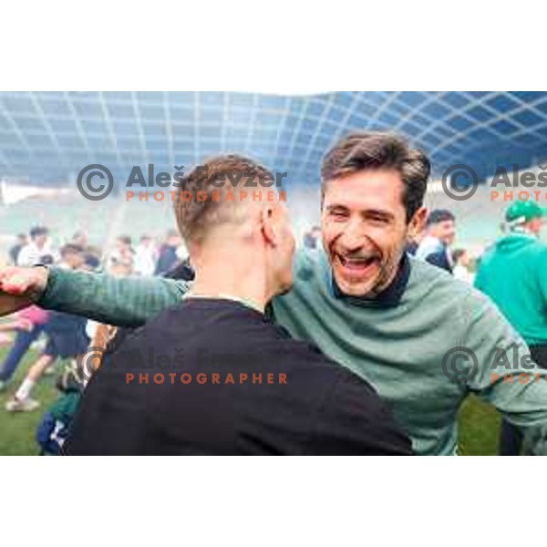 Victor Sanchez, head coach of Olimpija celebrate Slovenian National Title with players and fans after Prva liga Telemach 2024/2025 football match between Olimpija and Kalcer Radomlje in Ljubljana, Slovenia on May 17, 2025