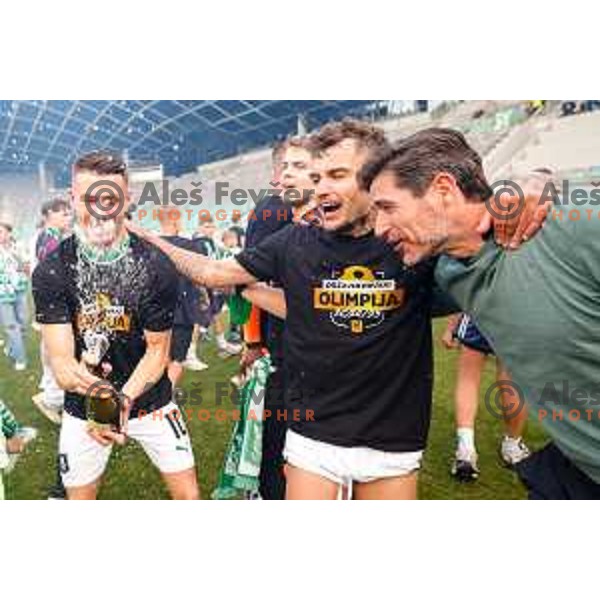 Victor Sanchez, head coach of Olimpija celebrate Slovenian National Title with players and fans after Prva liga Telemach 2024/2025 football match between Olimpija and Kalcer Radomlje in Ljubljana, Slovenia on May 17, 2025