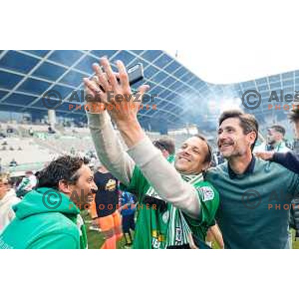 Victor Sanchez, head coach of Olimpija celebrate Slovenian National Title with players and fans after Prva liga Telemach 2024/2025 football match between Olimpija and Kalcer Radomlje in Ljubljana, Slovenia on May 17, 2025