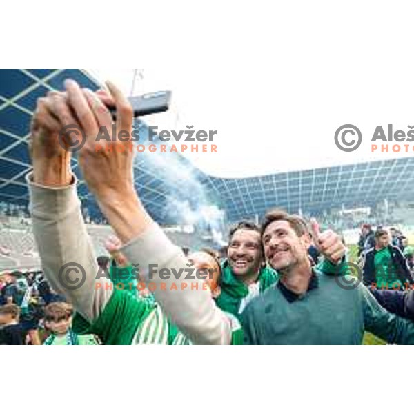 Victor Sanchez, head coach of Olimpija celebrate Slovenian National Title with players and fans after Prva liga Telemach 2024/2025 football match between Olimpija and Kalcer Radomlje in Ljubljana, Slovenia on May 17, 2025