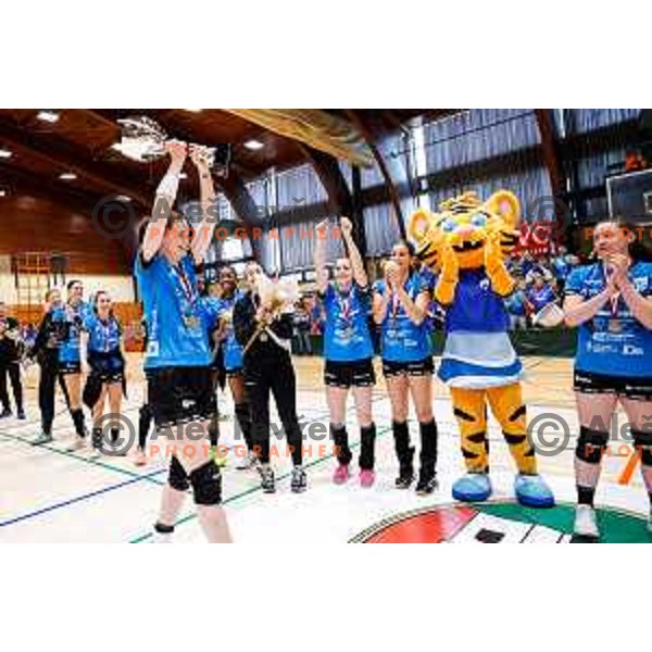 Ana Gros and players of RK Krim Mercator celebrate Slovenian National Handball Title in Ljubljana, Slovenia on May 17, 2025