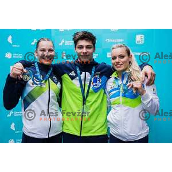 Lucija Hribar, Anze Hribar and Teja Belak of Slovenia posing with medalt after finals day at 19. FIG Art World Challange Cup in Koper, on May 16, 2025, Slovenia Photo: Grega Valancic