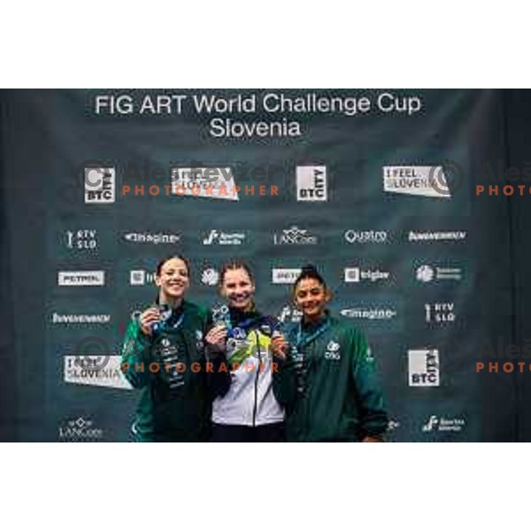 RODRIGUES BARBOSA Gabriela of Brasil, Lucija Hribar of Slovenia and BOUCAS Gabriela of Brasil during medal ceremony at finals day at 19. FIG Art World Challange Cup in Koper, on May 16, 2025, Slovenia Photo: Grega Valancic