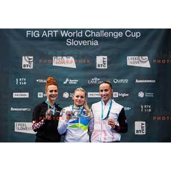 KORENT Tijana of Croatia, Teja Belak of Slovenia and ROPER Abigail of Great Britain during medal ceremony at finals day at 19. FIG Art World Challange Cup in Koper, on May 16, 2025, Slovenia Photo: Grega Valancic
