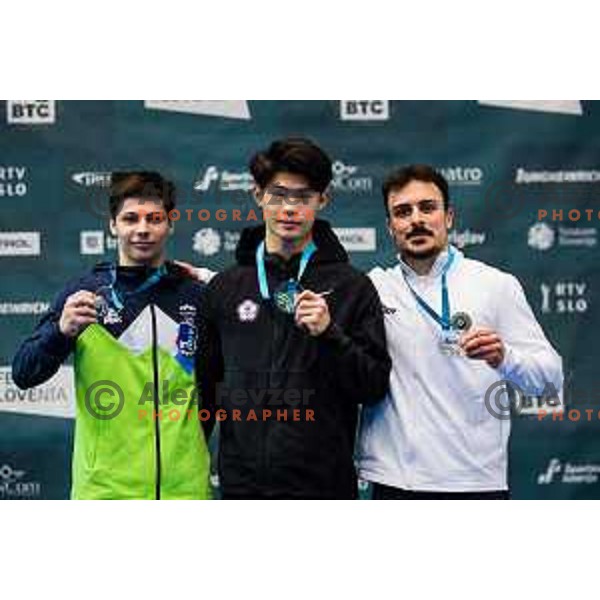 Anze Hribar of Slovenia, CHIOU Min-Han of China Taipei and CASTELLARO Filippo of Italy during medal ceremony at finals day at 19. FIG Art World Challange Cup in Koper, on May 16, 2025, Slovenia Photo: Grega Valancic