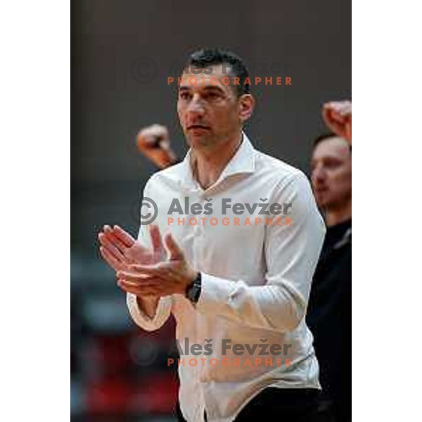 Radoslav Stojanovik, the head coach of RK Trimo Trebnje in action during First match of Semi-finals of NLB League 2024/2025 between LL Grosist Slovan and Trimo Trebnje in Kodeljevo Hall, Ljubljana, Slovenia on May 17, 2025.