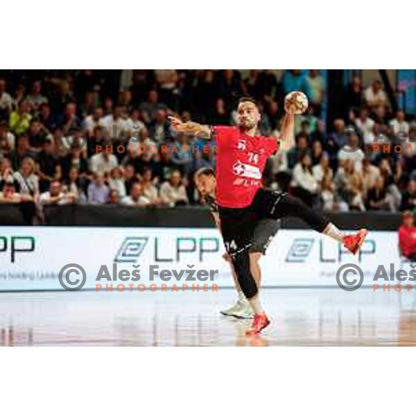 Bruno Vili Zobec of RD LL Grosist Slovan in action during First match of Semi-finals of NLB League 2024/2025 between LL Grosist Slovan and Trimo Trebnje in Kodeljevo Hall, Ljubljana, Slovenia on May 17, 2025.