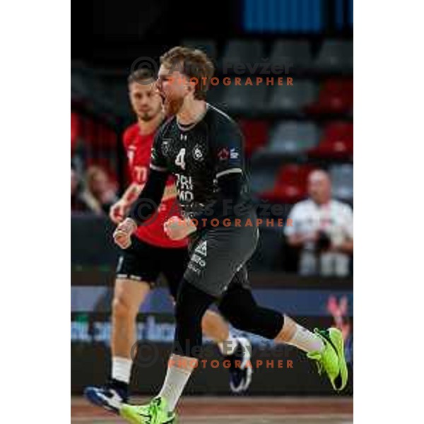 Lovro Viscek of RK Trimo Trebnje in action during First match of Semi-finals of NLB League 2024/2025 between LL Grosist Slovan and Trimo Trebnje in Kodeljevo Hall, Ljubljana, Slovenia on May 17, 2025.
