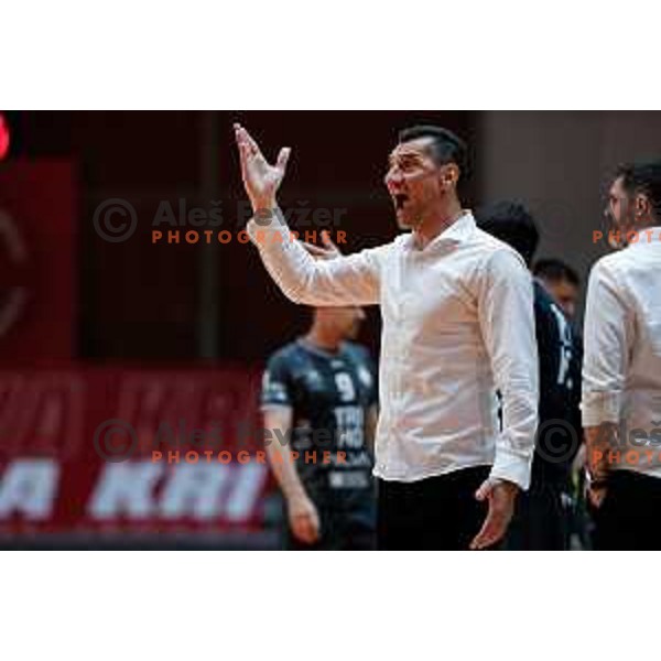 Radoslav Stojanovik, the head coach of RK Trimo Trebnje in action during First match of Semi-finals of NLB League 2024/2025 between LL Grosist Slovan and Trimo Trebnje in Kodeljevo Hall, Ljubljana, Slovenia on May 17, 2025.
