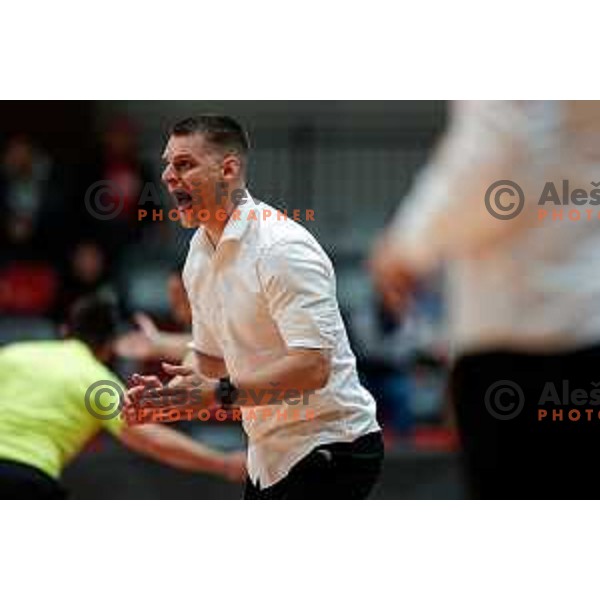 Uros Udovic, the assistant head coach of RK Trimo Trebnje in action during First match of Semi-finals of NLB League 2024/2025 between LL Grosist Slovan and Trimo Trebnje in Kodeljevo Hall, Ljubljana, Slovenia on May 17, 2025.