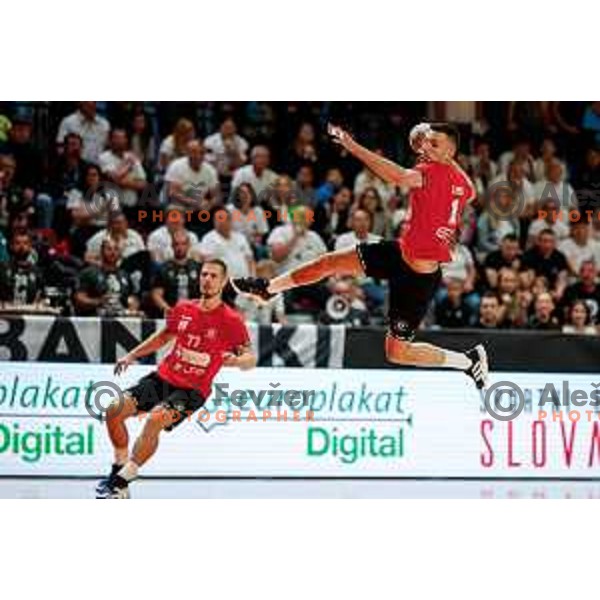 Leon Ljevar of RD LL Grosist Slovan in action during First match of Semi-finals of NLB League 2024/2025 between LL Grosist Slovan and Trimo Trebnje in Kodeljevo Hall, Ljubljana, Slovenia on May 17, 2025.