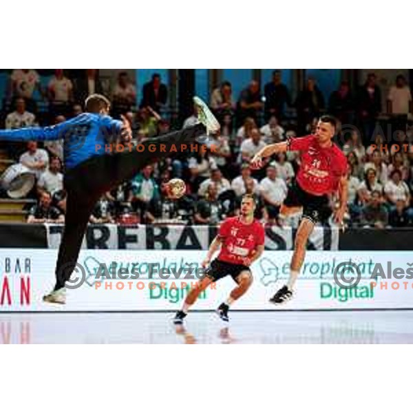 Leon Ljevar of RD LL Grosist Slovan in action during First match of Semi-finals of NLB League 2024/2025 between LL Grosist Slovan and Trimo Trebnje in Kodeljevo Hall, Ljubljana, Slovenia on May 17, 2025.