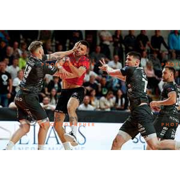 Leon Ljevar of RD LL Grosist Slovan in action during First match of Semi-finals of NLB League 2024/2025 between LL Grosist Slovan and Trimo Trebnje in Kodeljevo Hall, Ljubljana, Slovenia on May 17, 2025.