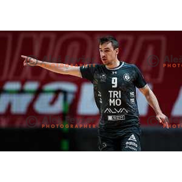 Jan Jurecic of RK Trimo Trebnje in action during First match of Semi-finals of NLB League 2024/2025 between LL Grosist Slovan and Trimo Trebnje in Kodeljevo Hall, Ljubljana, Slovenia on May 17, 2025.