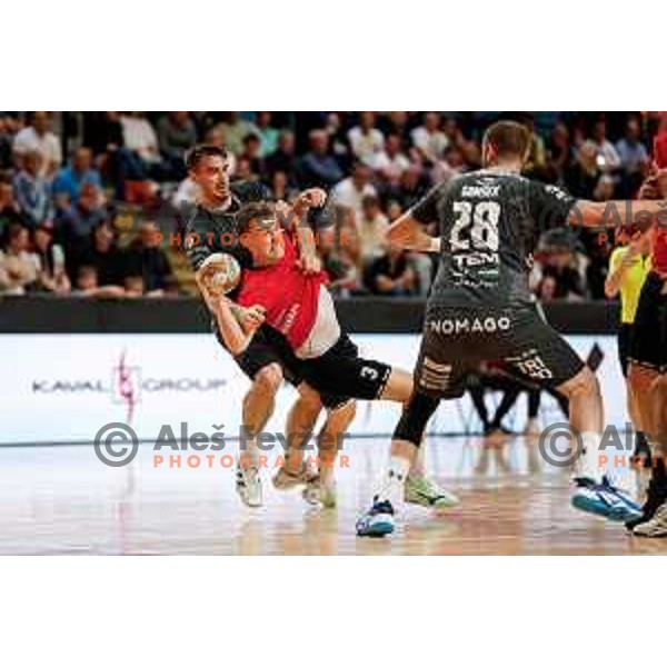 Stas Slatinek Jovicic of RD LL Grosist Slovan in action during First match of Semi-finals of NLB League 2024/2025 between LL Grosist Slovan and Trimo Trebnje in Kodeljevo Hall, Ljubljana, Slovenia on May 17, 2025.