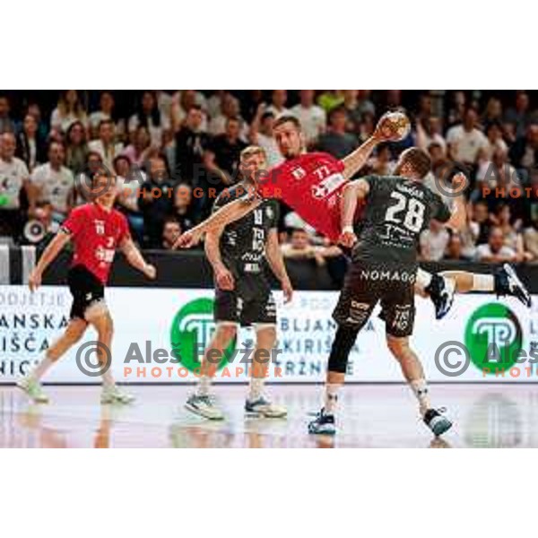 Stefan Zabic of RD LL Grosist Slovan in action during First match of Semi-finals of NLB League 2024/2025 between LL Grosist Slovan and Trimo Trebnje in Kodeljevo Hall, Ljubljana, Slovenia on May 17, 2025.