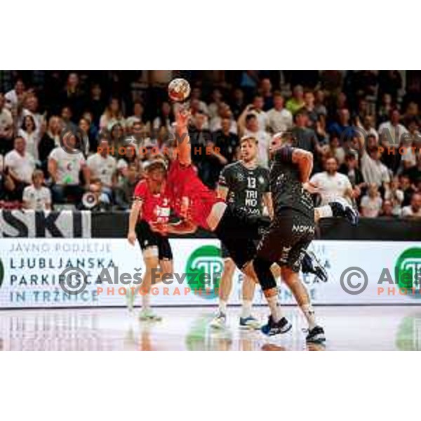 Stefan Zabic of RD LL Grosist Slovan in action during First match of Semi-finals of NLB League 2024/2025 between LL Grosist Slovan and Trimo Trebnje in Kodeljevo Hall, Ljubljana, Slovenia on May 17, 2025.
