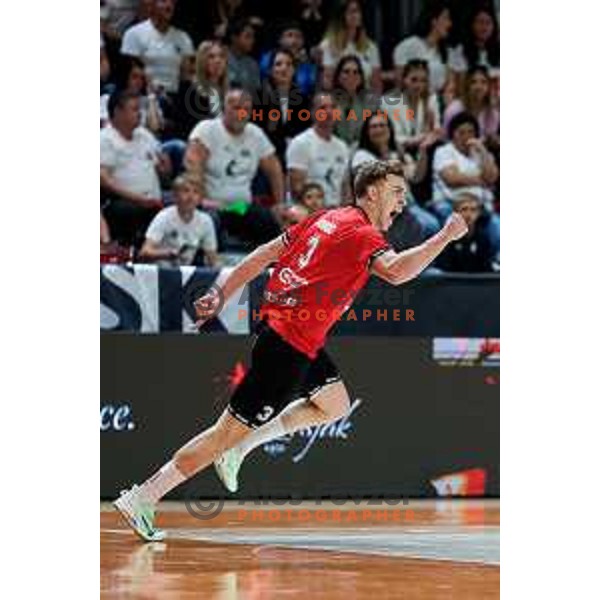 Stas Slatinek Jovicic of RD LL Grosist Slovan in action during First match of Semi-finals of NLB League 2024/2025 between LL Grosist Slovan and Trimo Trebnje in Kodeljevo Hall, Ljubljana, Slovenia on May 17, 2025.