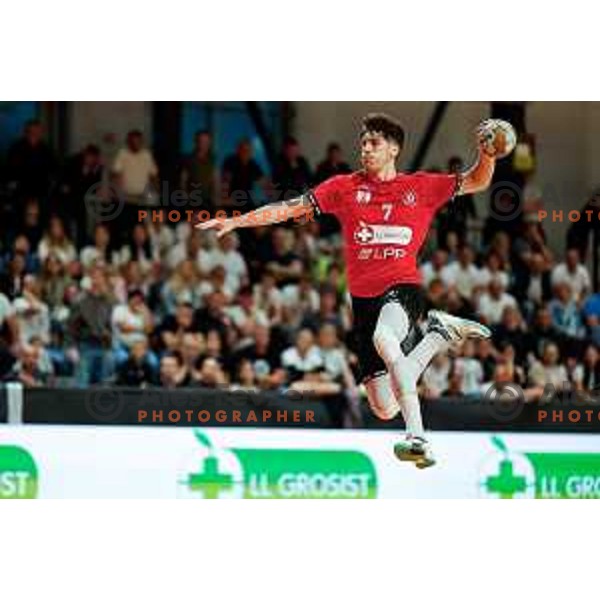 Nikolas Tzortzinis of RD LL Grosist Slovan in action during First match of Semi-finals of NLB League 2024/2025 between LL Grosist Slovan and Trimo Trebnje in Kodeljevo Hall, Ljubljana, Slovenia on May 17, 2025.