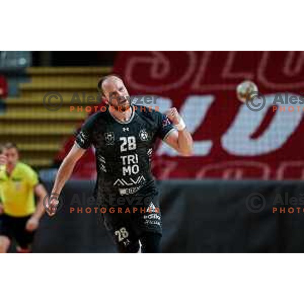 Timotej Grmsek of RK Trimo Trebnje in action during First match of Semi-finals of NLB League 2024/2025 between LL Grosist Slovan and Trimo Trebnje in Kodeljevo Hall, Ljubljana, Slovenia on May 17, 2025.