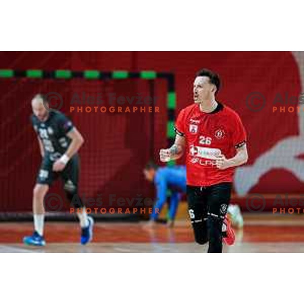 Jaka Malus of RD LL Grosist Slovan in action during First match of Semi-finals of NLB League 2024/2025 between LL Grosist Slovan and Trimo Trebnje in Kodeljevo Hall, Ljubljana, Slovenia on May 17, 2025.
