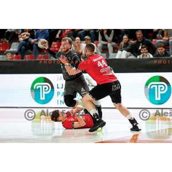 Lovro Viscek of RK Trimo Trebnje in action during First match of Semi-finals of NLB League 2024/2025 between LL Grosist Slovan and Trimo Trebnje in Kodeljevo Hall, Ljubljana, Slovenia on May 17, 2025.