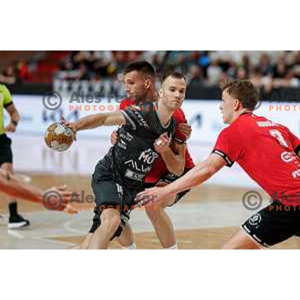 Marko Kotar of RK Trimo Trebnje in action during First match of Semi-finals of NLB League 2024/2025 between LL Grosist Slovan and Trimo Trebnje in Kodeljevo Hall, Ljubljana, Slovenia on May 17, 2025.