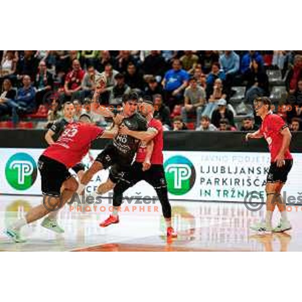Peter Sisko of RK Trimo Trebnje in action during First match of Semi-finals of NLB League 2024/2025 between LL Grosist Slovan and Trimo Trebnje in Kodeljevo Hall, Ljubljana, Slovenia on May 17, 2025.