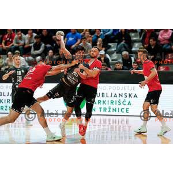 Peter Sisko of RK Trimo Trebnje in action during First match of Semi-finals of NLB League 2024/2025 between LL Grosist Slovan and Trimo Trebnje in Kodeljevo Hall, Ljubljana, Slovenia on May 17, 2025.