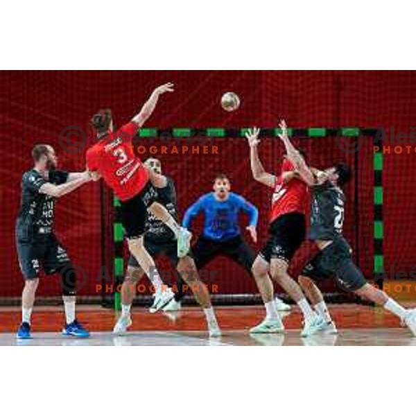 Stas Slatinek Jovicic of RD LL Grosist Slovan in action during First match of Semi-finals of NLB League 2024/2025 between LL Grosist Slovan and Trimo Trebnje in Kodeljevo Hall, Ljubljana, Slovenia on May 17, 2025.