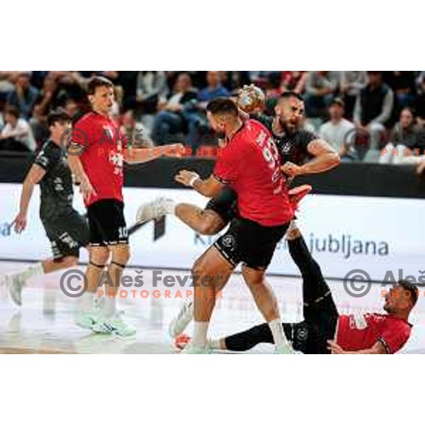 Filip Baznik of RK Trimo Trebnje in action during First match of Semi-finals of NLB League 2024/2025 between LL Grosist Slovan and Trimo Trebnje in Kodeljevo Hall, Ljubljana, Slovenia on May 17, 2025.