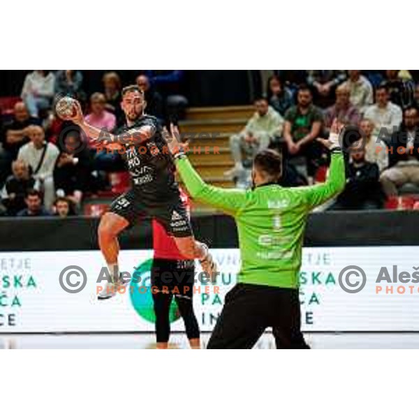 Darko Cingesar of RK Trimo Trebnje in action during First match of Semi-finals of NLB League 2024/2025 between LL Grosist Slovan and Trimo Trebnje in Kodeljevo Hall, Ljubljana, Slovenia on May 17, 2025.