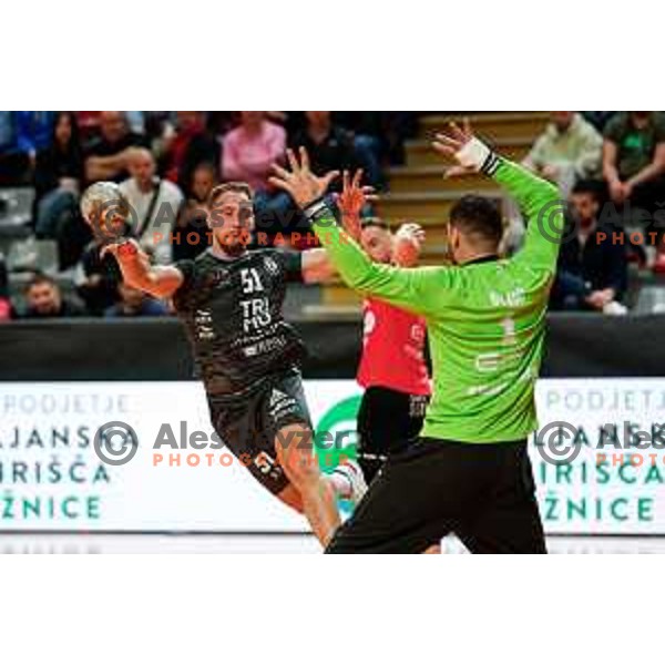Darko Cingesar of RK Trimo Trebnje in action during First match of Semi-finals of NLB League 2024/2025 between LL Grosist Slovan and Trimo Trebnje in Kodeljevo Hall, Ljubljana, Slovenia on May 17, 2025.