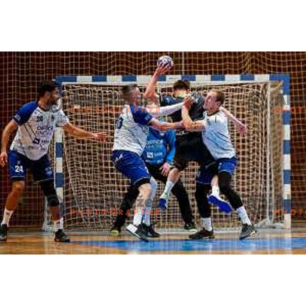 in action during 1.NLB Leasing league 2024/2025 handball match between Slovenj Gradec and Krka in Slovenj Gradec, Slovenia on May 17, 2025