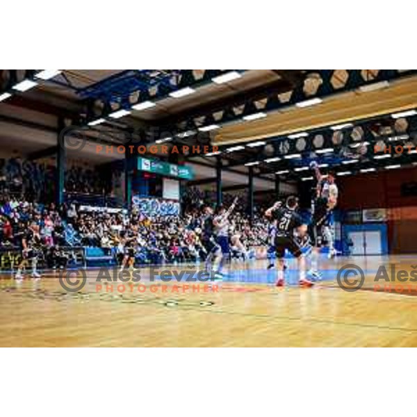 in action during 1.NLB Leasing league 2024/2025 handball match between Slovenj Gradec and Krka in Slovenj Gradec, Slovenia on May 17, 2025