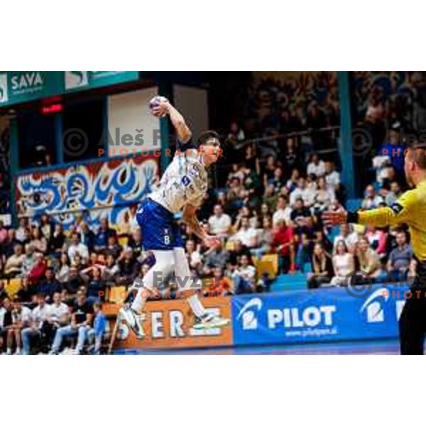 in action during 1.NLB Leasing league 2024/2025 handball match between Slovenj Gradec and Krka in Slovenj Gradec, Slovenia on May 17, 2025
