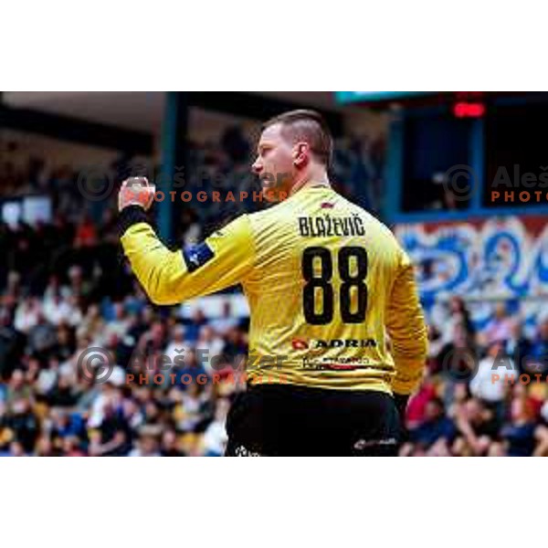 in action during 1.NLB Leasing league 2024/2025 handball match between Slovenj Gradec and Krka in Slovenj Gradec, Slovenia on May 17, 2025