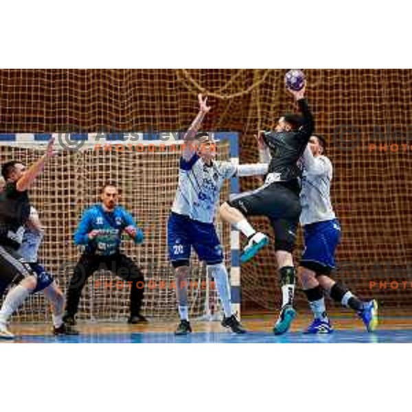 in action during 1.NLB Leasing league 2024/2025 handball match between Slovenj Gradec and Krka in Slovenj Gradec, Slovenia on May 17, 2025