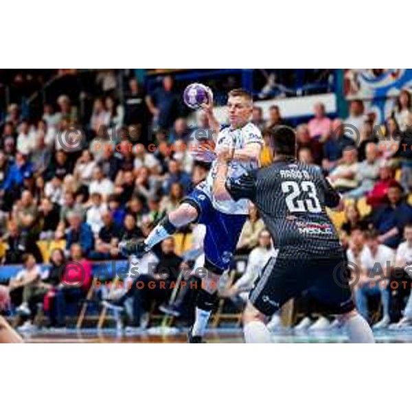 in action during 1.NLB Leasing league 2024/2025 handball match between Slovenj Gradec and Krka in Slovenj Gradec, Slovenia on May 17, 2025