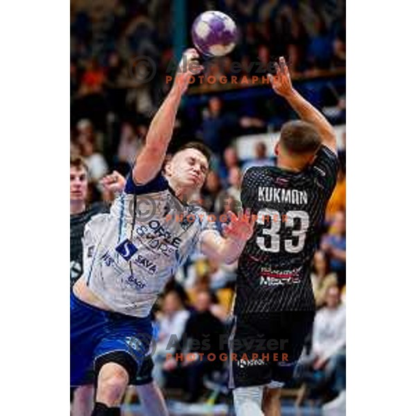 in action during 1.NLB Leasing league 2024/2025 handball match between Slovenj Gradec and Krka in Slovenj Gradec, Slovenia on May 17, 2025