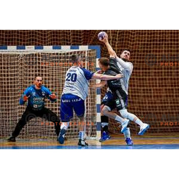 in action during 1.NLB Leasing league 2024/2025 handball match between Slovenj Gradec and Krka in Slovenj Gradec, Slovenia on May 17, 2025
