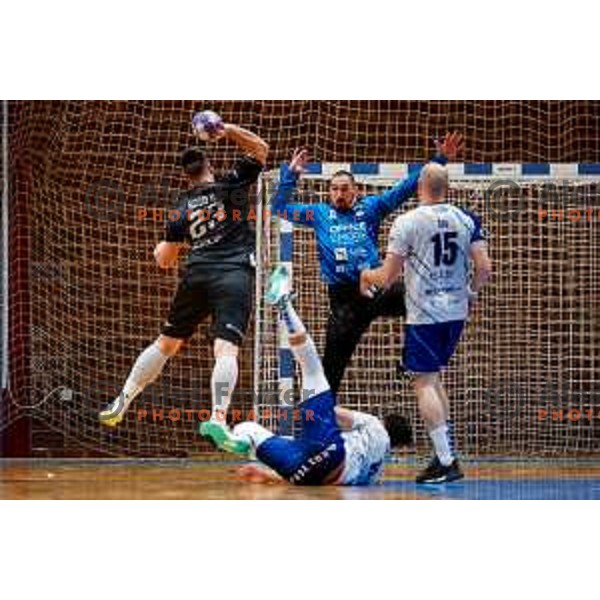 in action during 1.NLB Leasing league 2024/2025 handball match between Slovenj Gradec and Krka in Slovenj Gradec, Slovenia on May 17, 2025