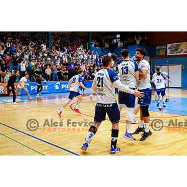 in action during 1.NLB Leasing league 2024/2025 handball match between Slovenj Gradec and Krka in Slovenj Gradec, Slovenia on May 17, 2025